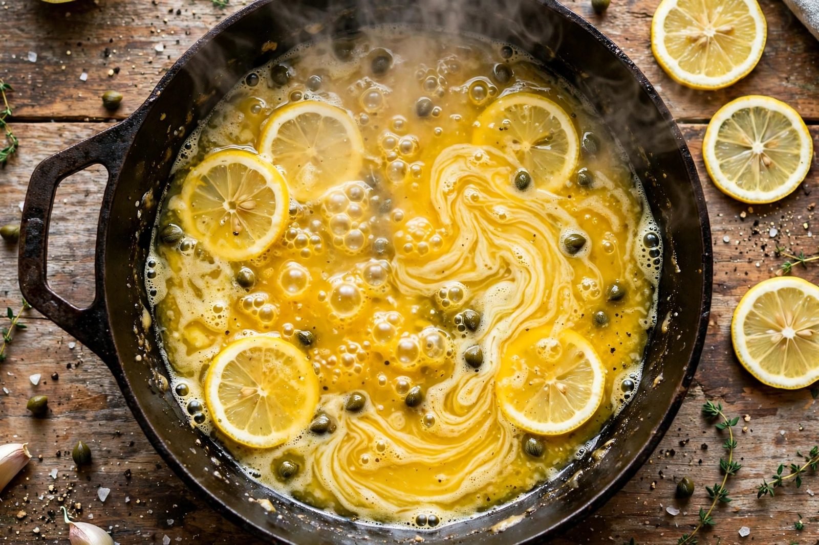 Lemon-butter sauce simmering in the skillet with lemon slices