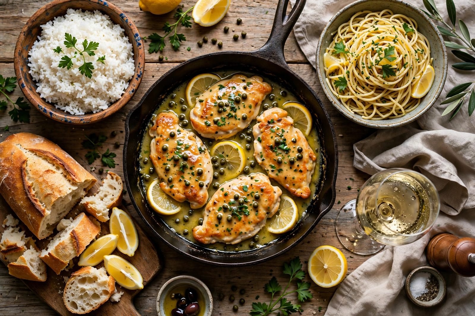 Overhead table spread with chicken francese skillet, rice, and lemon wedges