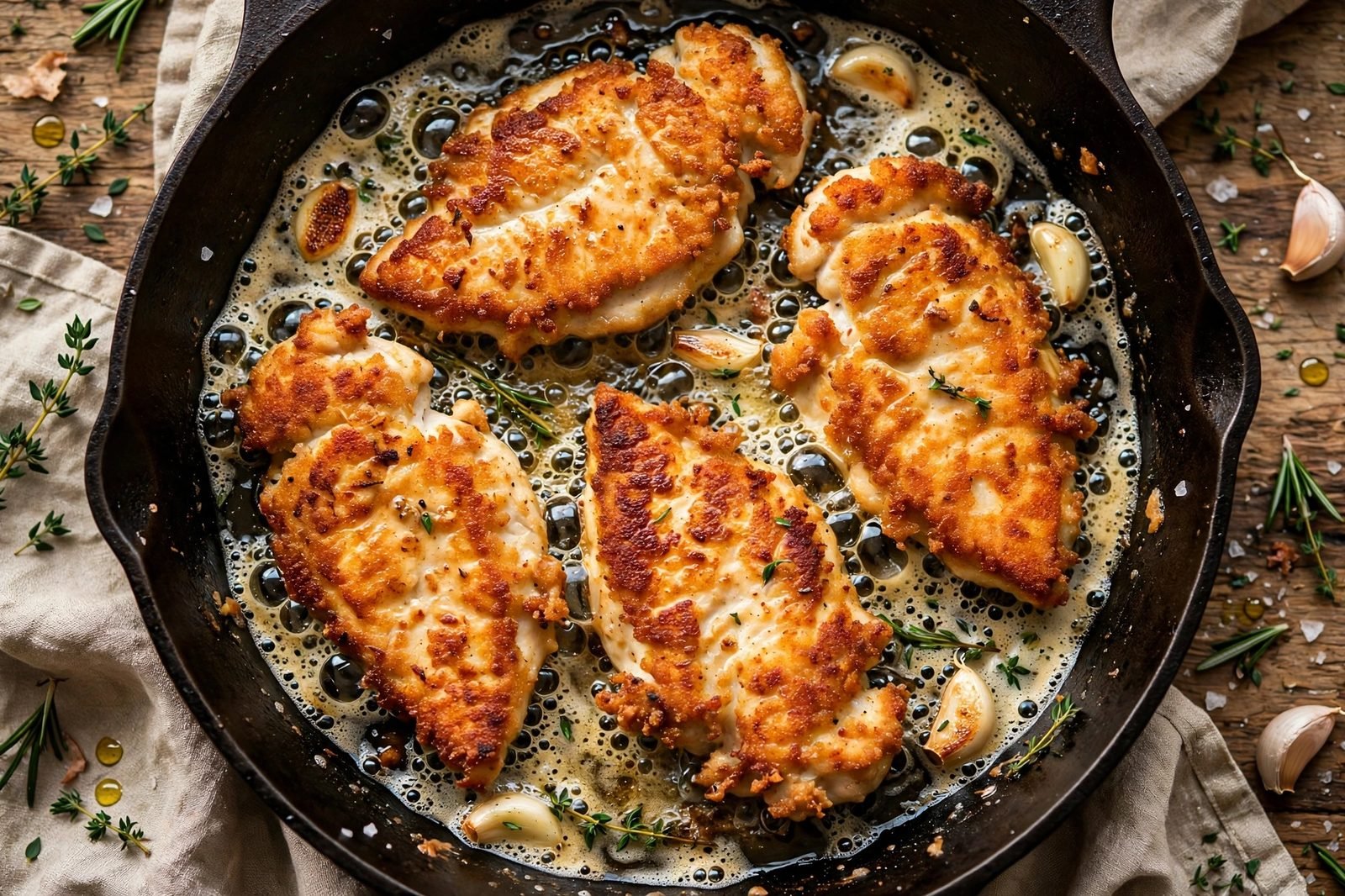 First batch of chicken cutlets searing golden in a hot skillet