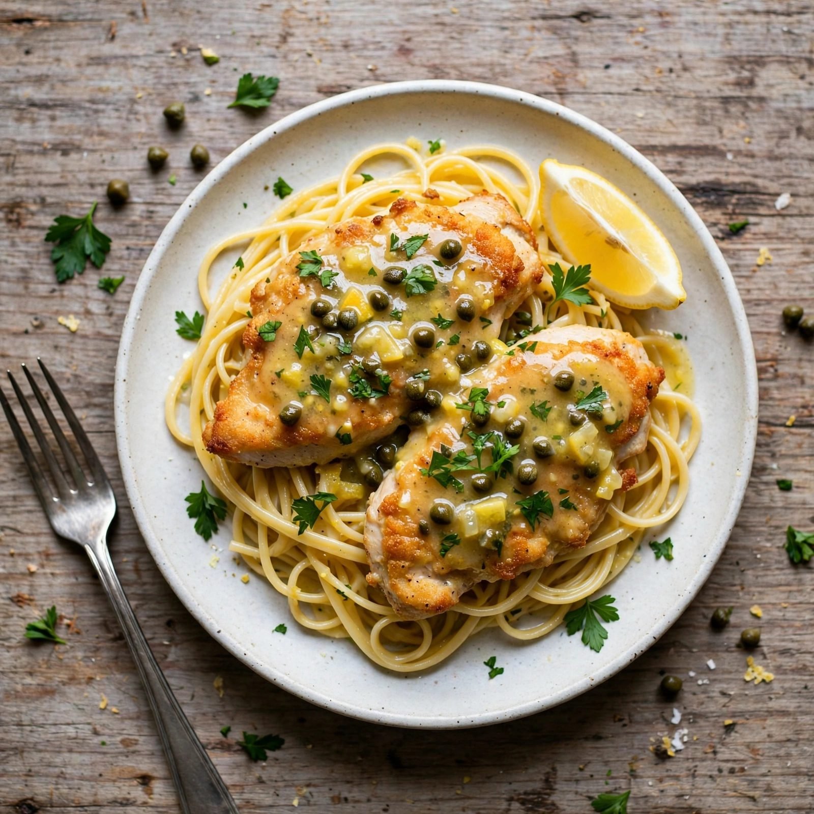 Served chicken francese over rice with parsley and lemon slices