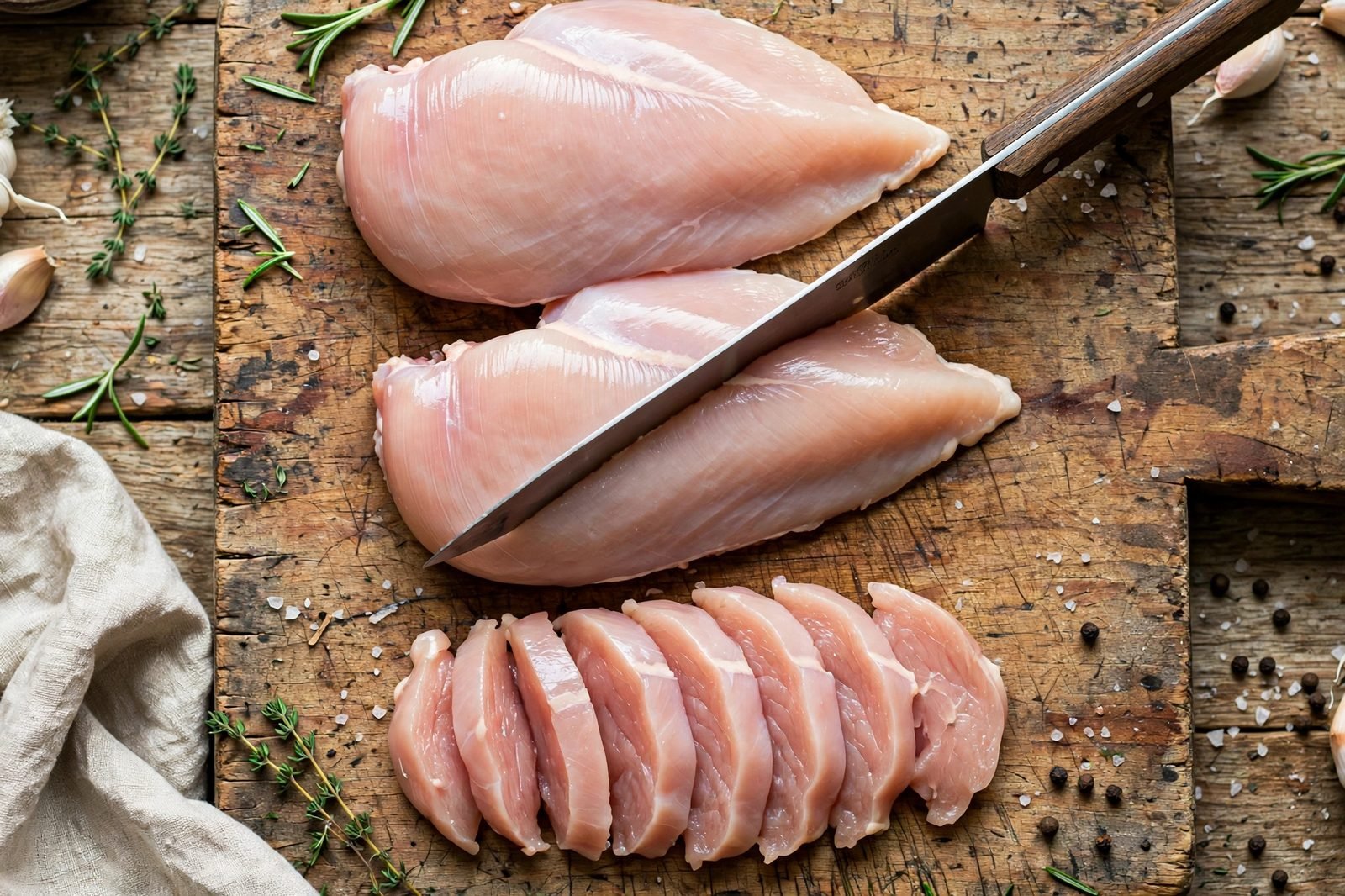 Chicken breasts being sliced horizontally into thin cutlets on a cutting board