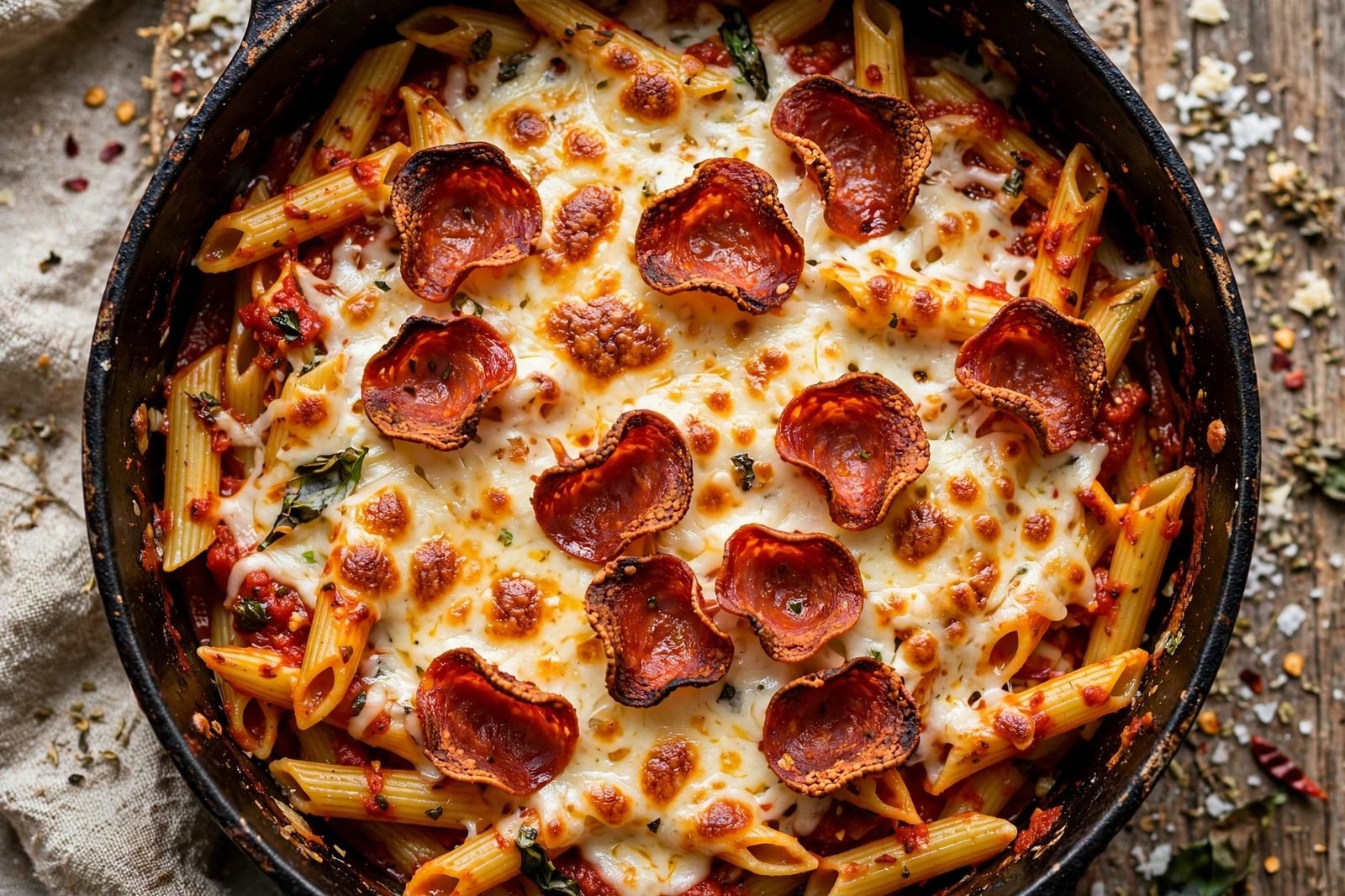 Mozzarella and turkey pepperoni melting on top of the pasta, bubbly
