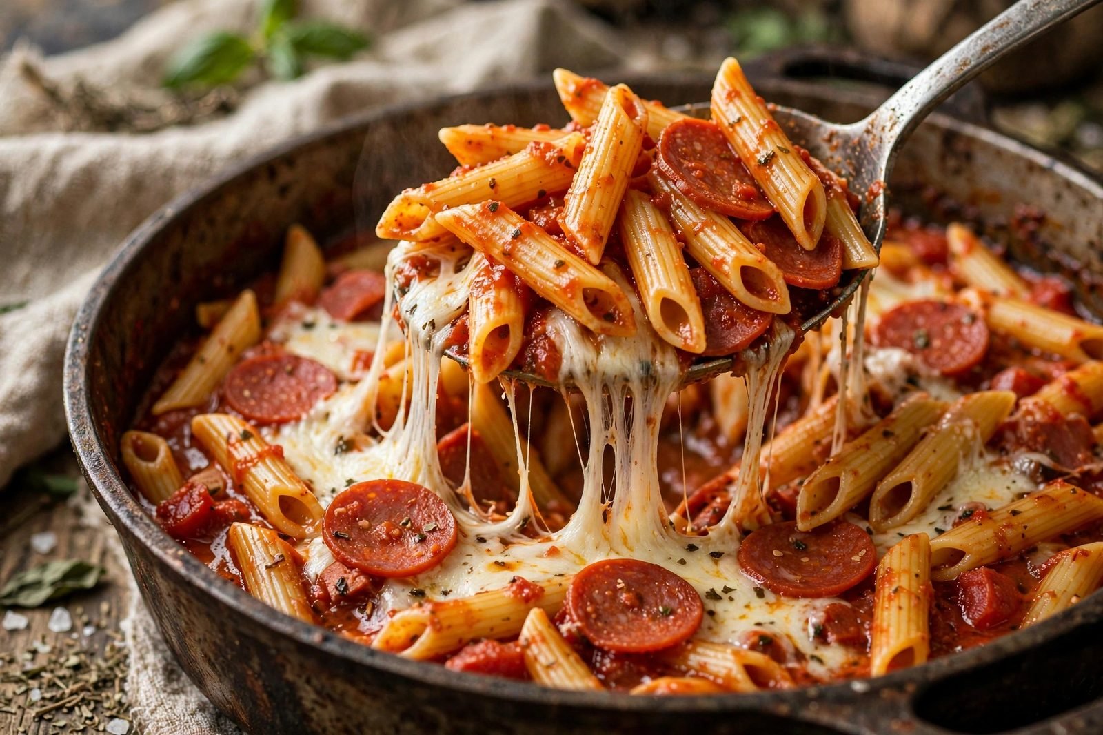 Close-up of a serving spoon lifting cheesy penne with pepperoni