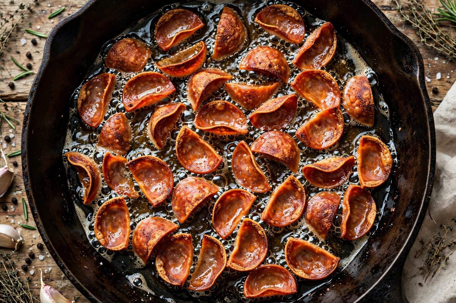 Turkey pepperoni pieces crisping in hot oil, edges curling