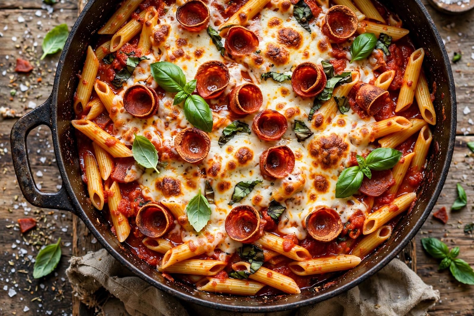 Overhead view of a pot of pizza pasta: penne in marinara topped with melted mozzarella, crisped turkey pepperoni, and basil
