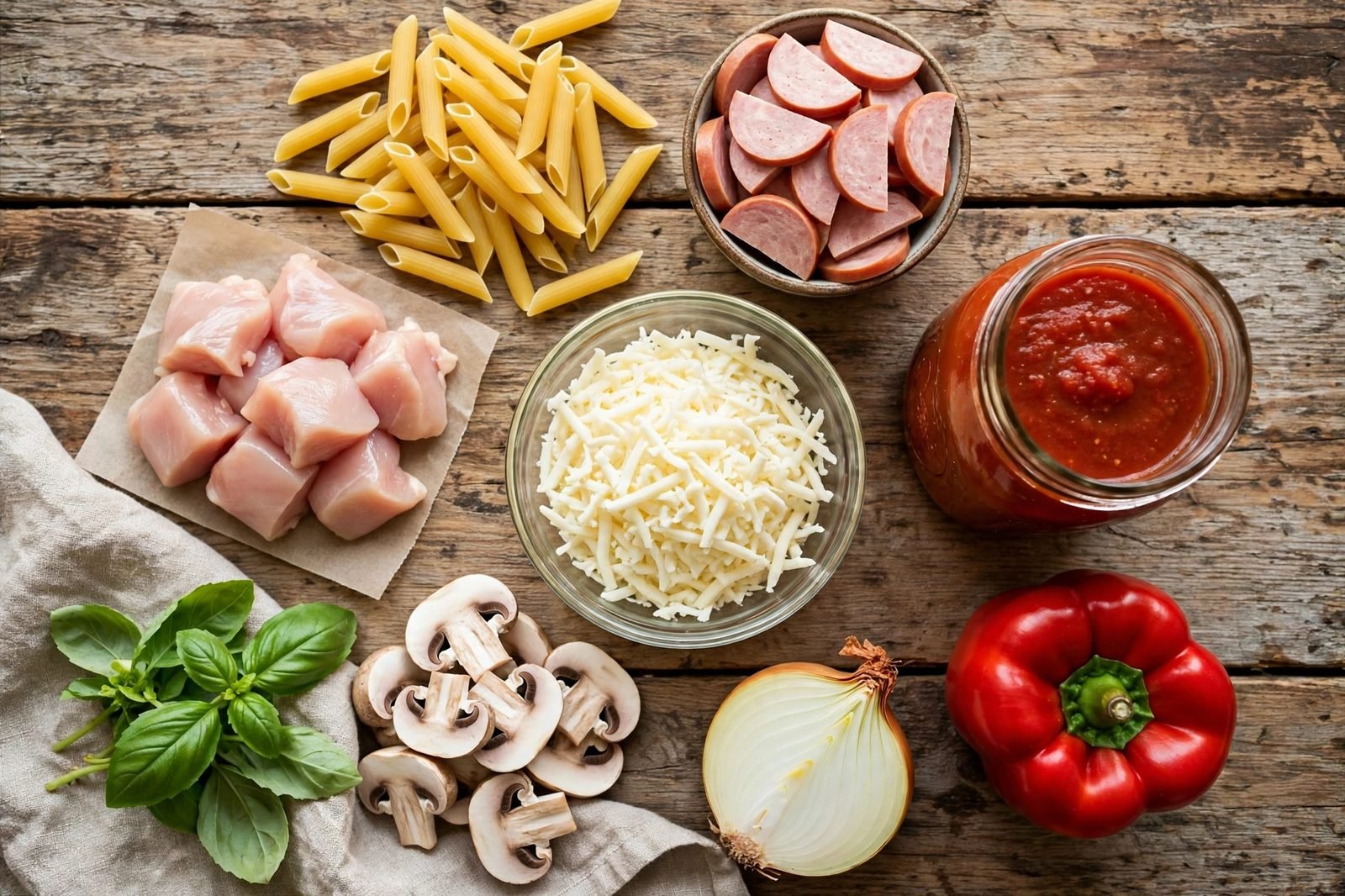 Ingredients for one-pot pizza pasta: penne, turkey pepperoni, chicken pieces, mozzarella, marinara, peppers, onion, mushrooms, and basil