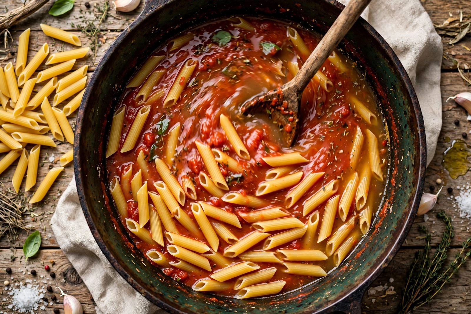 Penne being stirred into marinara sauce and chicken broth