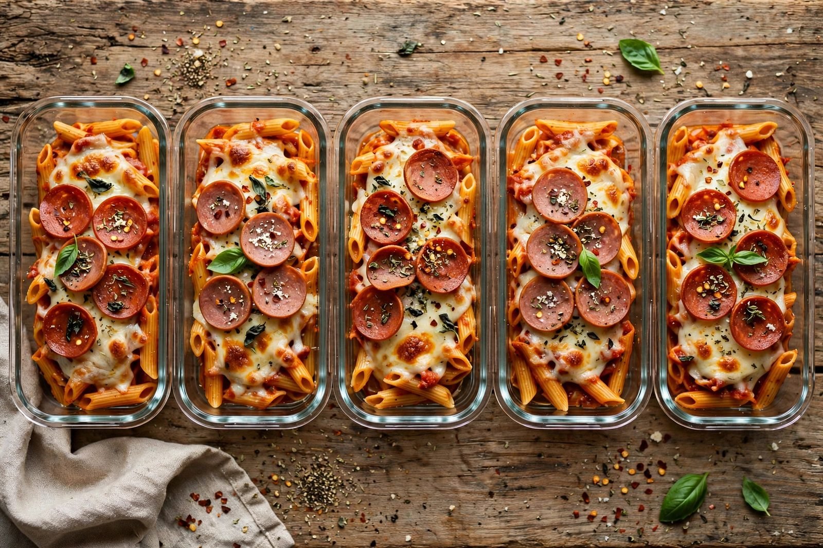 Meal-prep containers portioned with one-pot pizza pasta