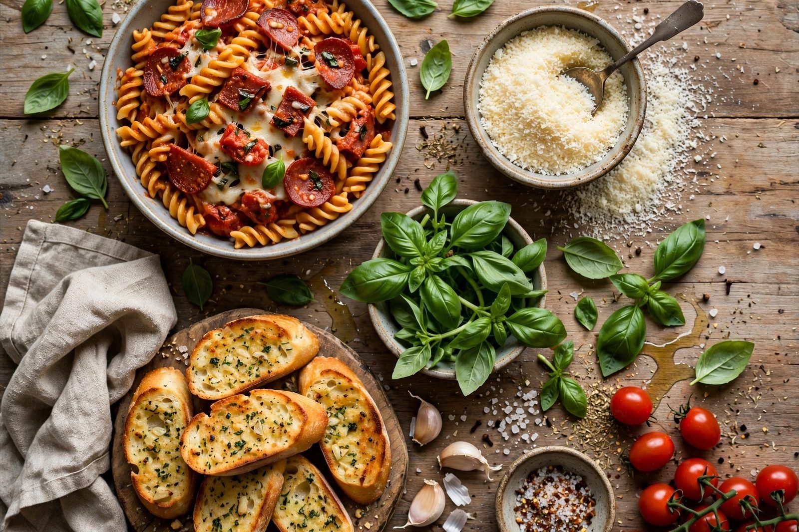 Overhead table spread with bowls of pizza pasta, garlic bread, and extra basil