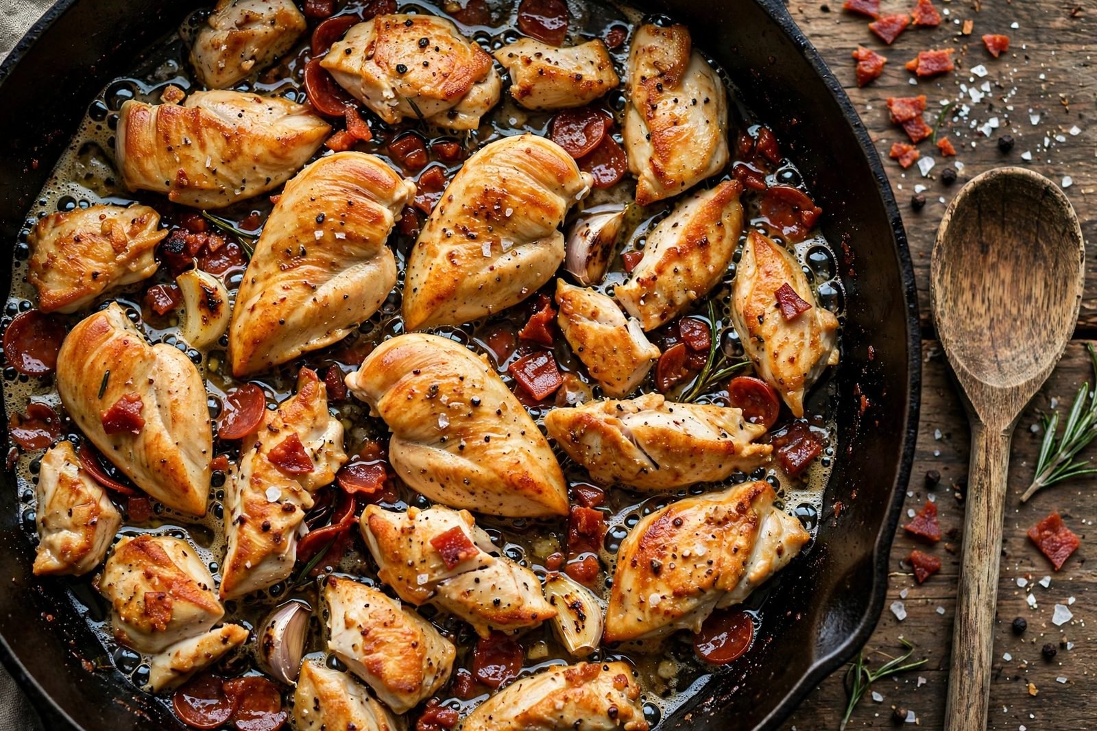 Chicken pieces searing golden in rendered pepperoni fat