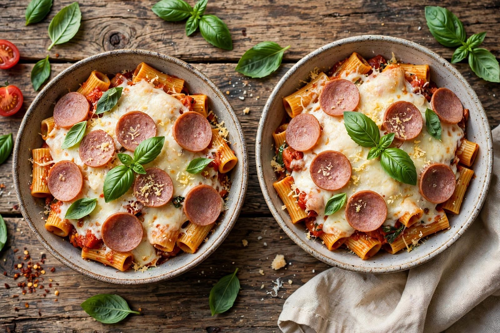 Two bowls of pizza pasta with basil and Parmesan