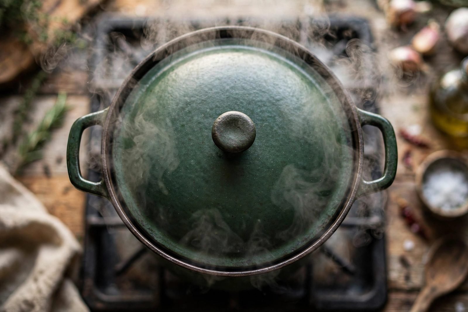 Covered pot of pizza pasta simmering, steam escaping