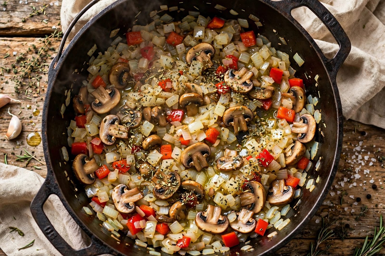 Onion, bell pepper, and mushrooms softening in the pot