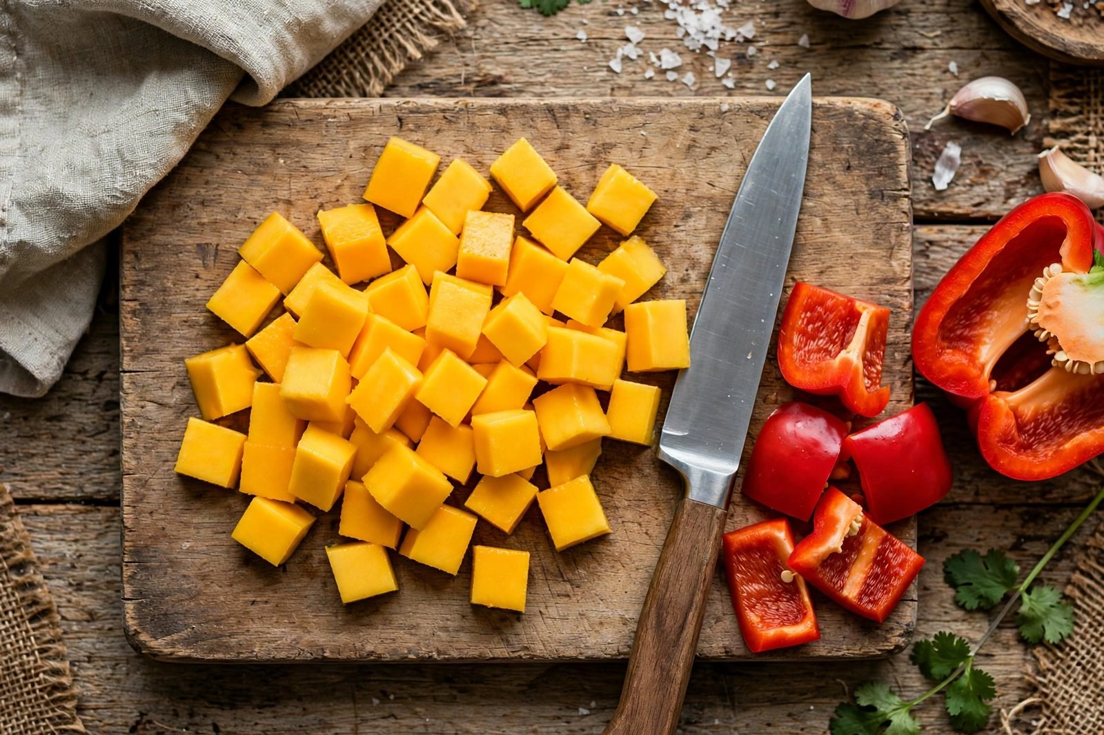 Ripe mango being diced on a cutting board