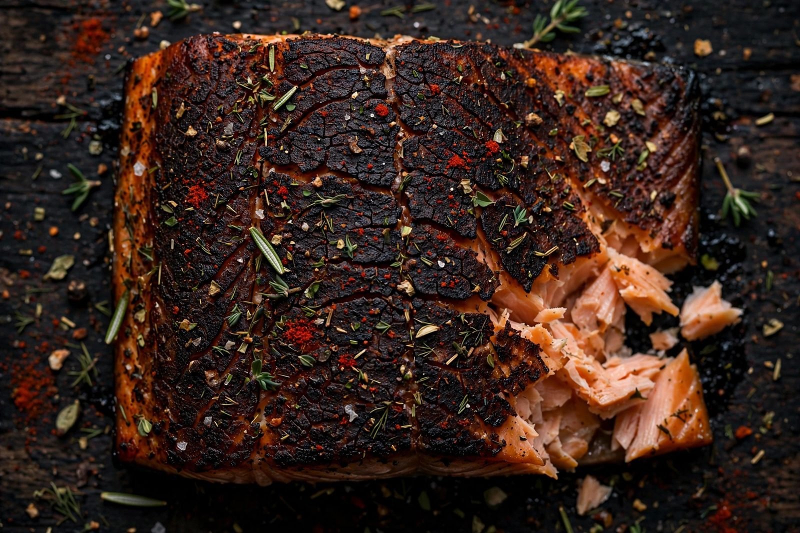 Close-up of the dark smoky spice crust on seared salmon