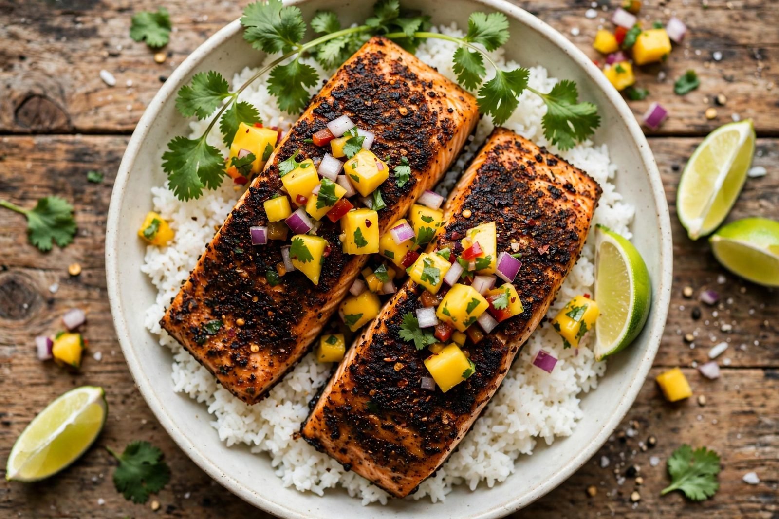 Overhead view of blackened salmon fillets with mango salsa over rice, with cilantro and lime wedges