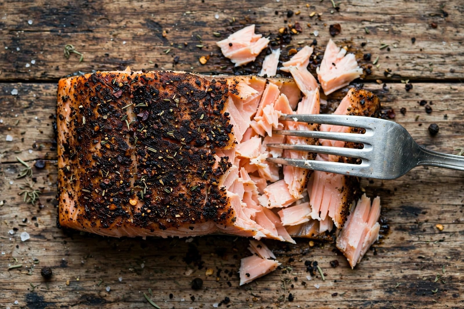 Close-up of salmon flaking apart with a fork
