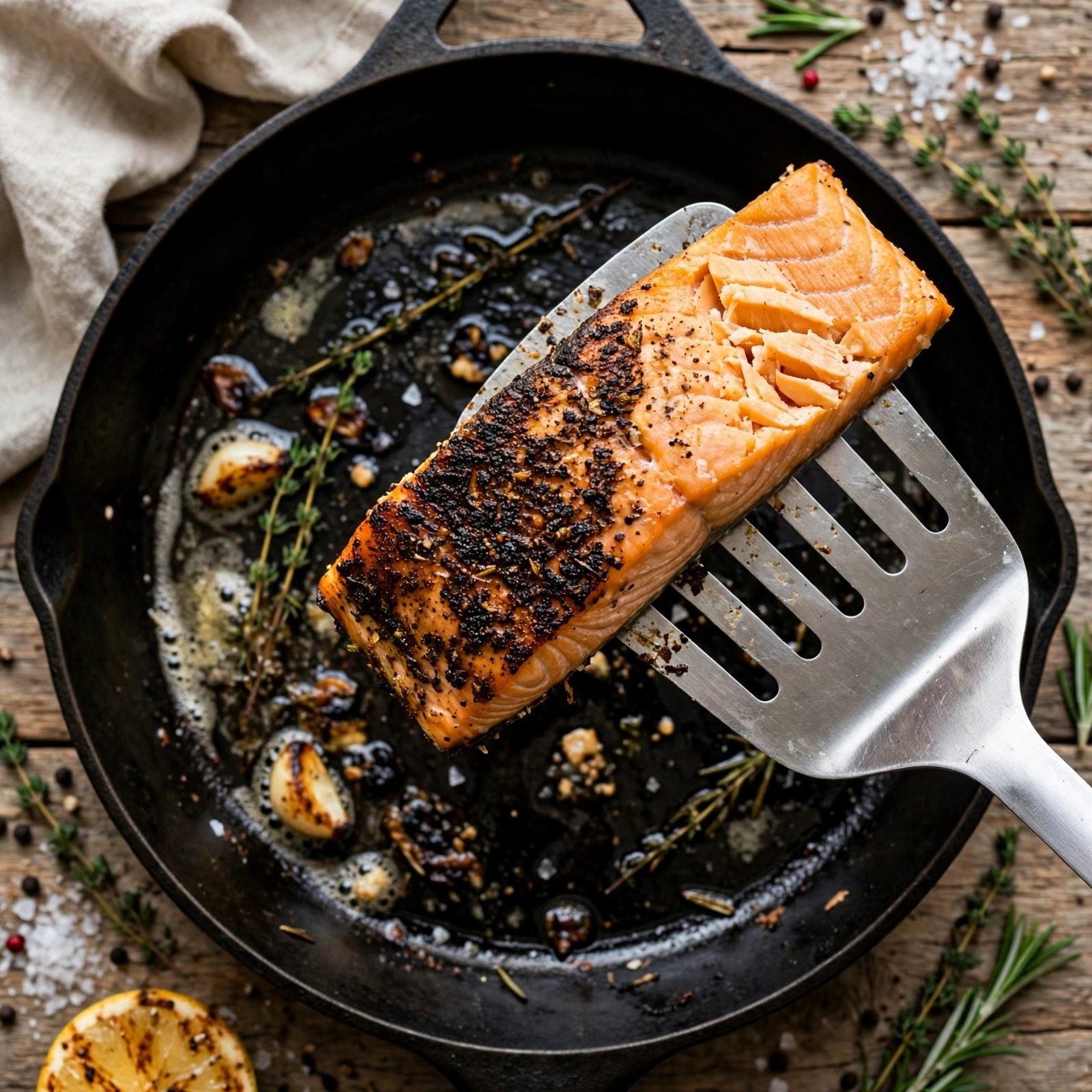 Salmon fillet being flipped with a fish spatula