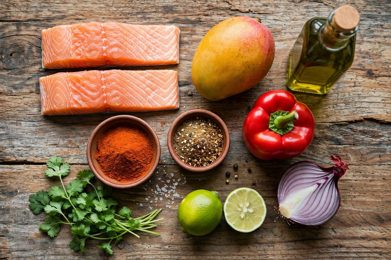Ingredients for blackened salmon with mango salsa: salmon fillets, spices, mango, bell pepper, red onion, cilantro, lime, and rice