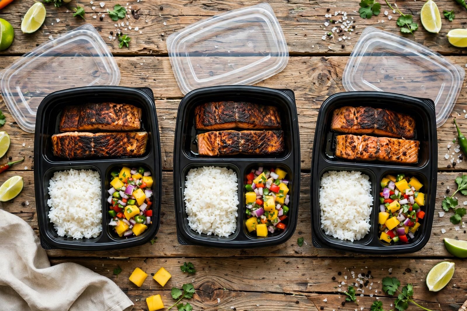 Meal-prep containers portioned with blackened salmon and rice
