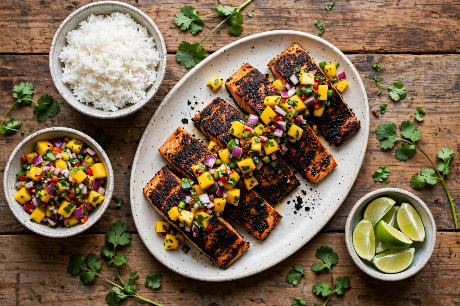 Overhead table spread with blackened salmon, mango salsa, rice, and lime wedges