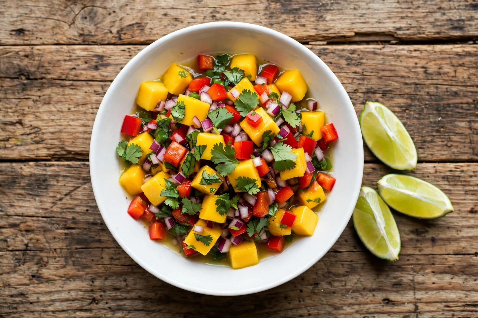 Fresh mango salsa tossed in a bowl with lime juice and cilantro