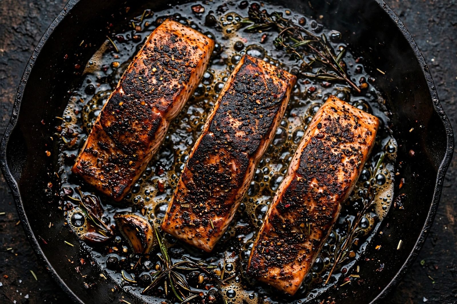 Salmon fillets searing in a hot cast-iron skillet