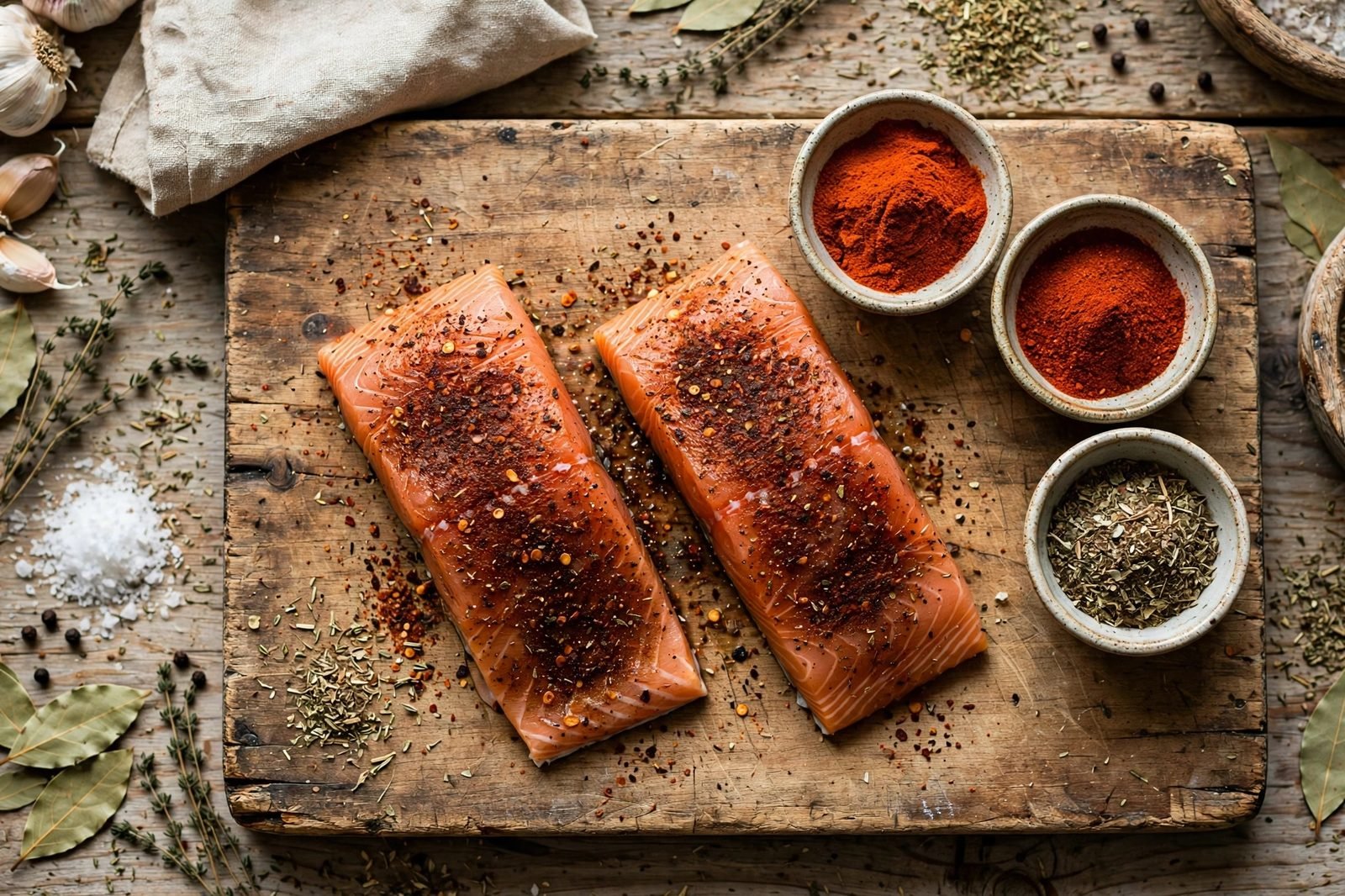 Blackening spice mixture being pressed onto salmon fillets