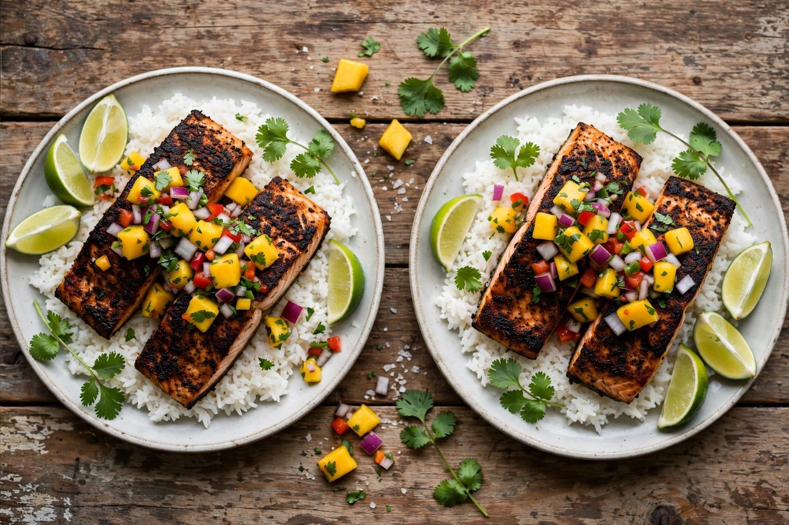Served blackened salmon fillets topped with mango salsa over rice