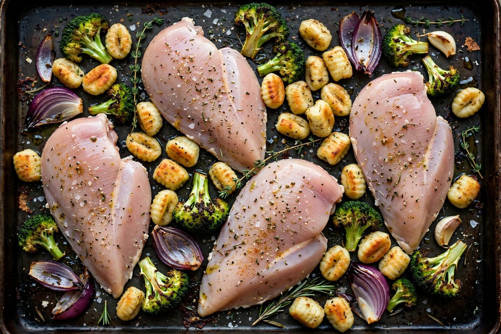 Seasoned raw chicken pieces nestled among roasted gnocchi, broccoli, and onion on a sheet pan.