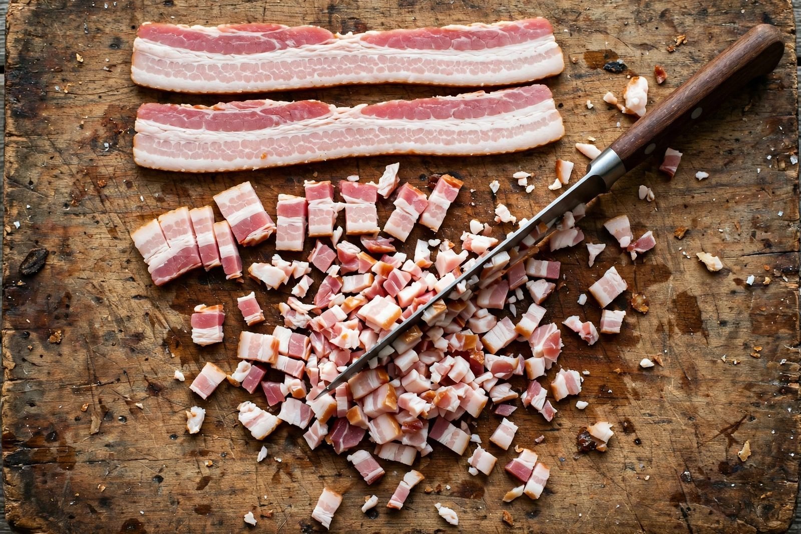 Bacon slices being chopped into small pieces on a wooden cutting board with a chef's knife.
