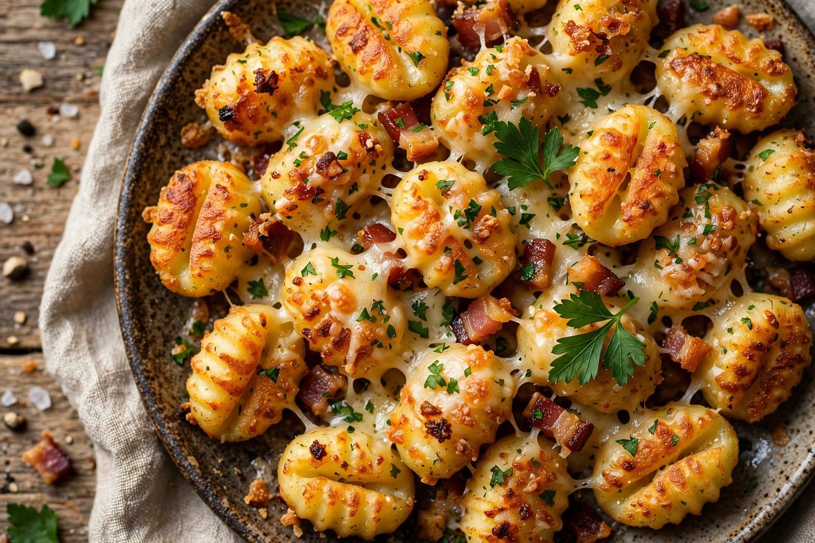 Close-up of golden crispy gnocchi with bacon bits, melted Parmesan, and parsley.