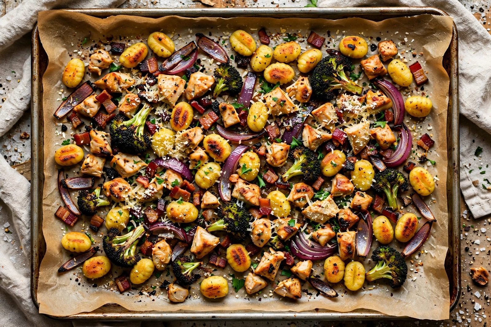 Overhead view of a sheet pan with golden roasted gnocchi, chicken pieces, bacon bits, charred broccoli, and grated Parmesan.