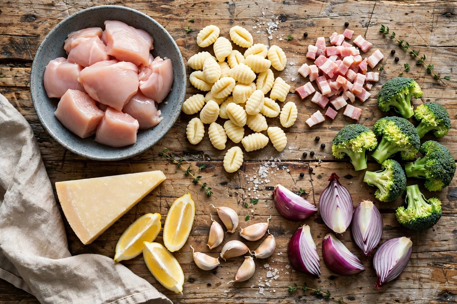 Ingredients for sheet pan chicken and gnocchi arranged on a counter: raw chicken pieces, packaged gnocchi, chopped bacon, broccoli florets, red onion wedges, garlic cloves, and Parmesan.