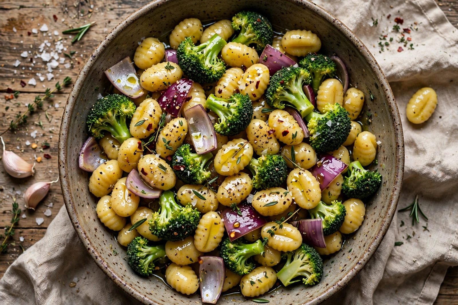 Gnocchi, broccoli florets, and red onion wedges being tossed with olive oil and seasonings in a large bowl.