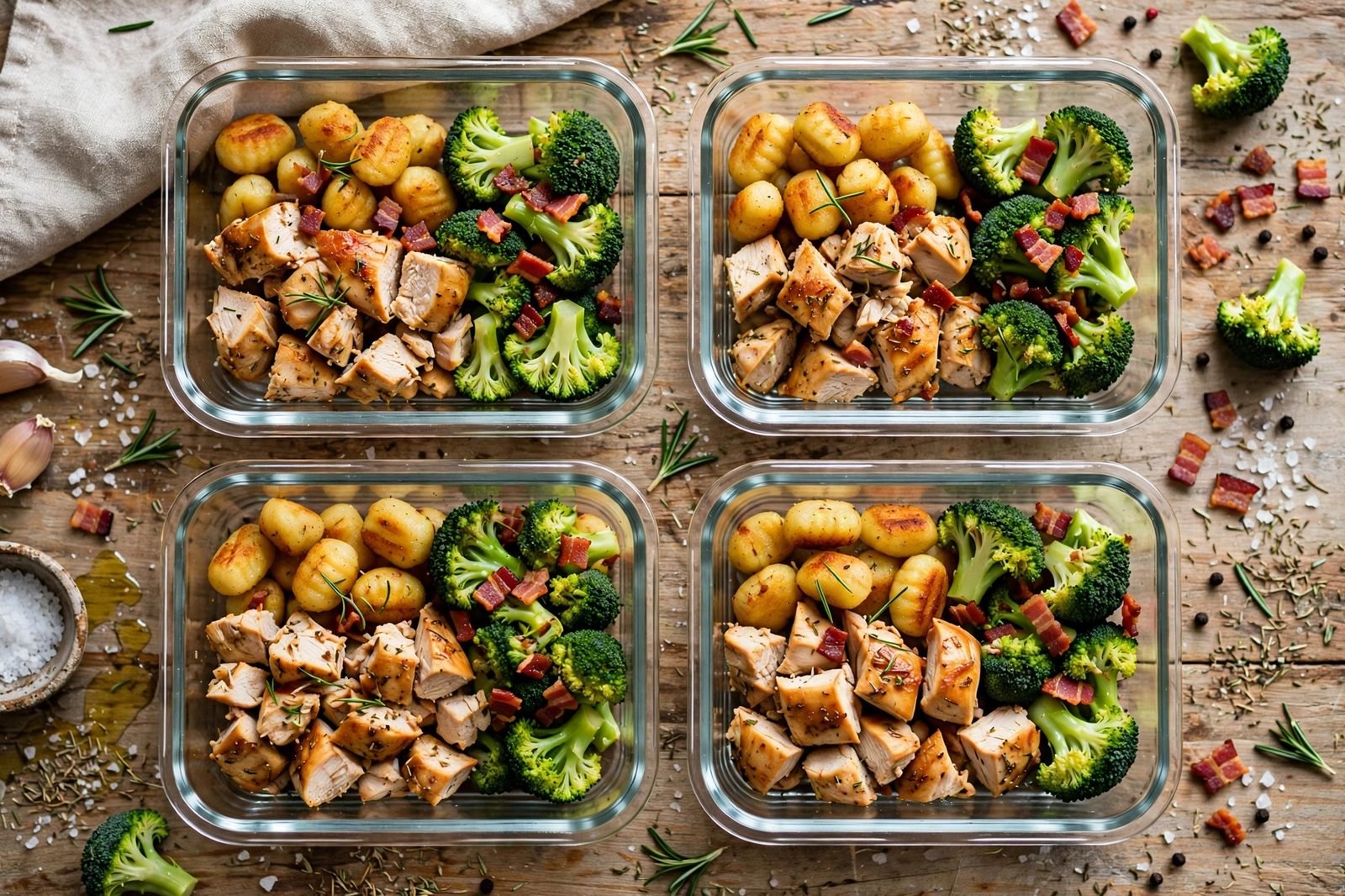 Meal-prep containers portioned with chicken, gnocchi, broccoli, and bacon.