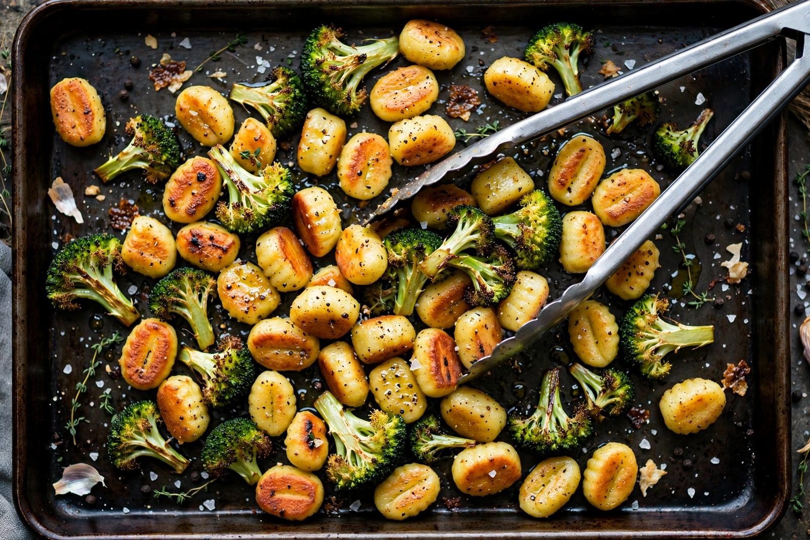 Partially roasted gnocchi and broccoli being stirred on a sheet pan with metal tongs.