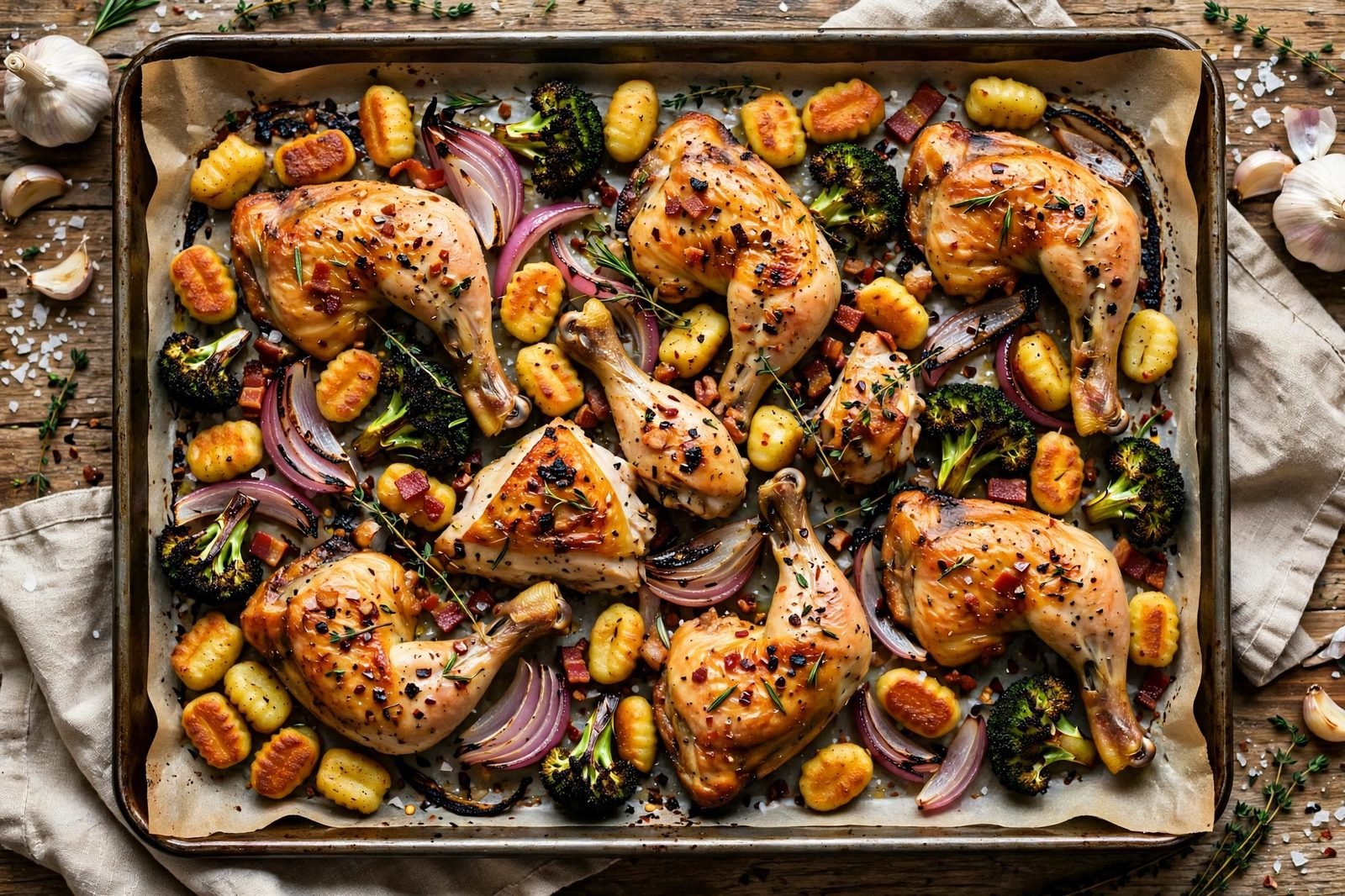 Finished sheet pan of golden chicken pieces, crispy gnocchi, bacon, and charred broccoli.