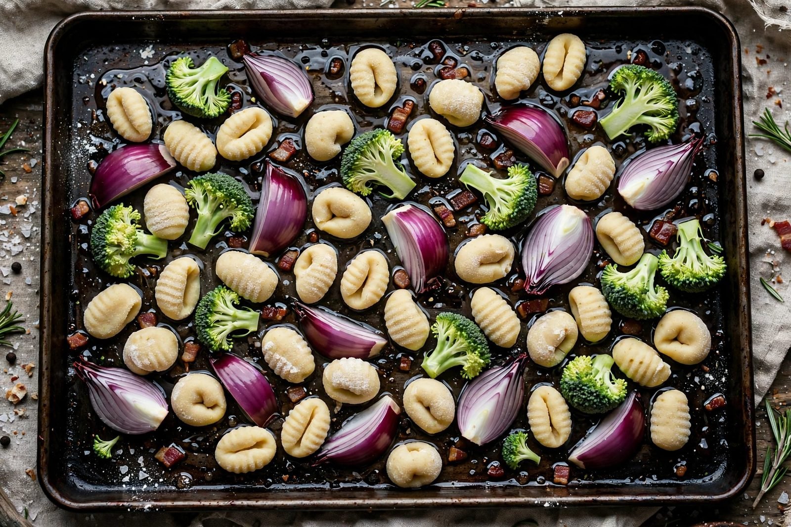 Uncooked gnocchi, broccoli, and onion wedges spread in a single layer on a sheet pan coated with bacon fat.
