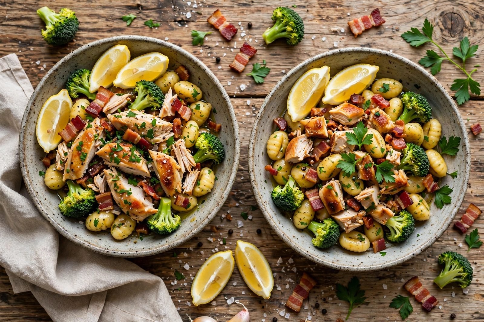 Two bowls of chicken and gnocchi with lemon wedges and fresh parsley on a rustic table.