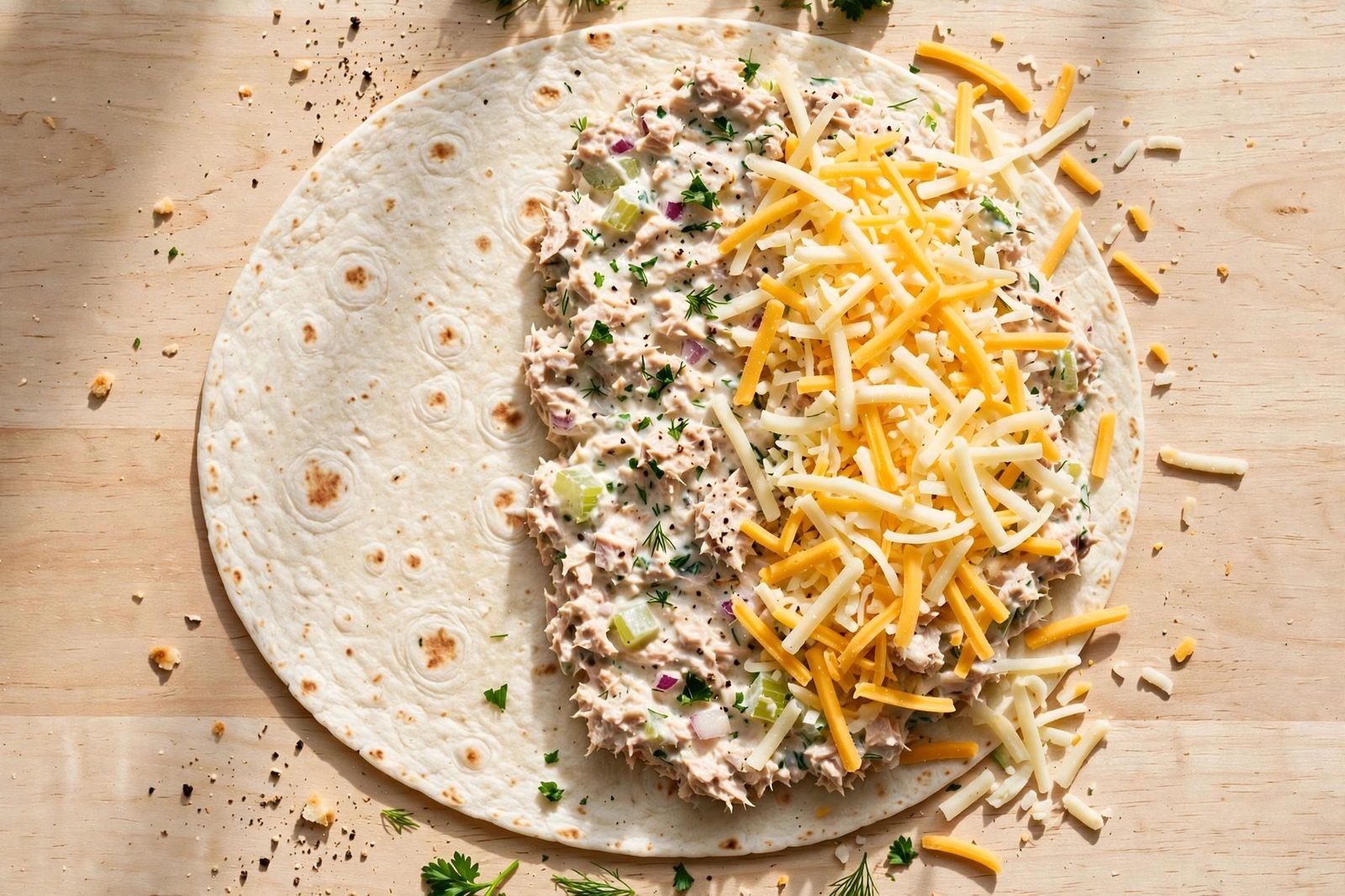 Shredded cheddar and Monterey Jack sprinkled over the tuna filling
