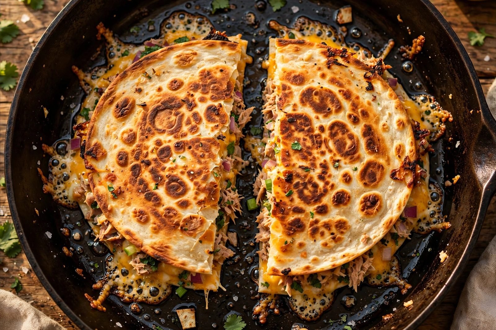 Quesadilla crisping golden in the skillet
