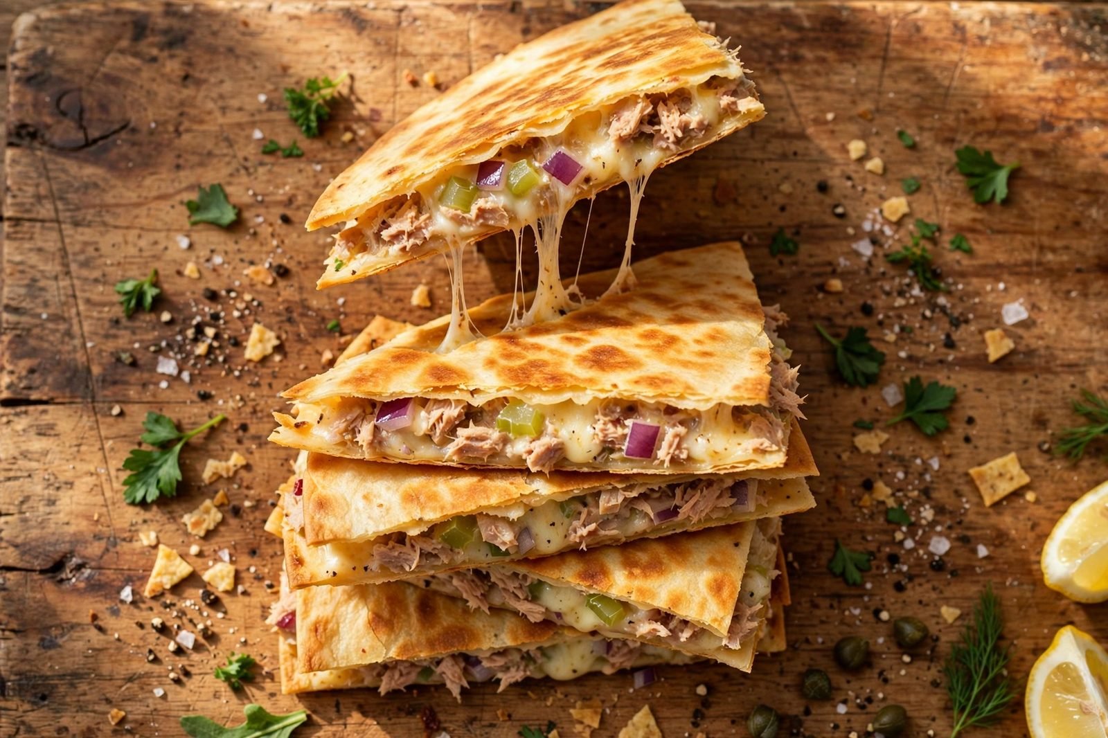 Overhead of golden tuna melt quesadilla wedges stacked with a cheese pull