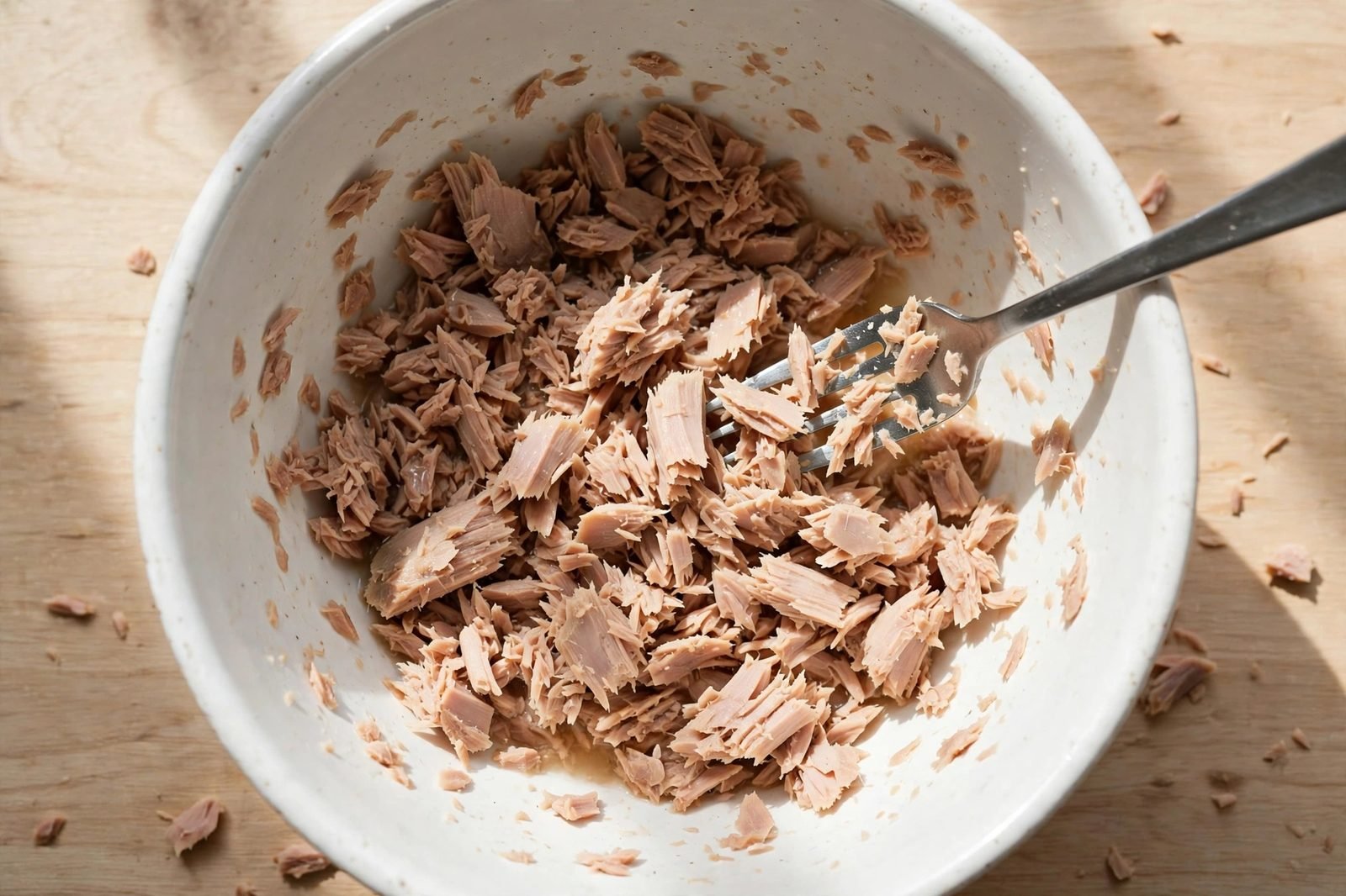 Drained tuna being flaked apart with a fork in a mixing bowl