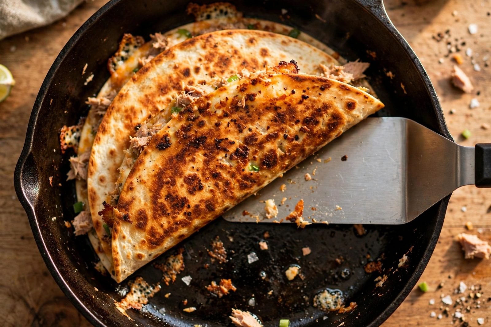 Flipping a quesadilla with a wide spatula