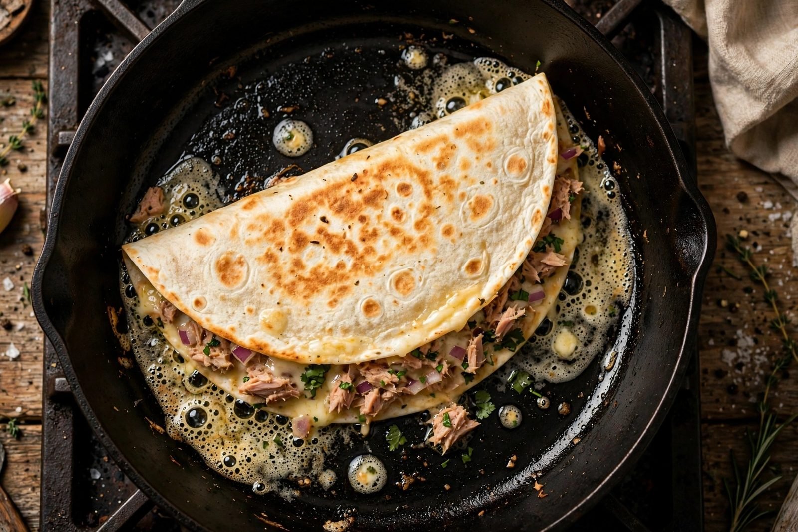Tortilla being folded closed over the filling in the skillet