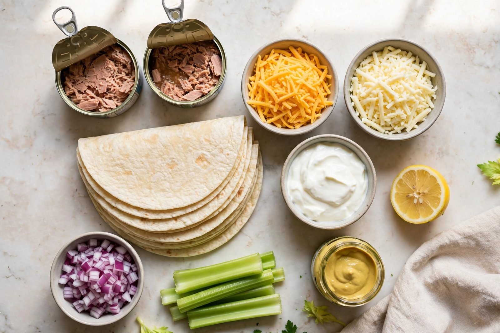 Ingredients for tuna melt quesadillas: canned tuna, tortillas, shredded cheese, Greek yogurt, lemon, onion