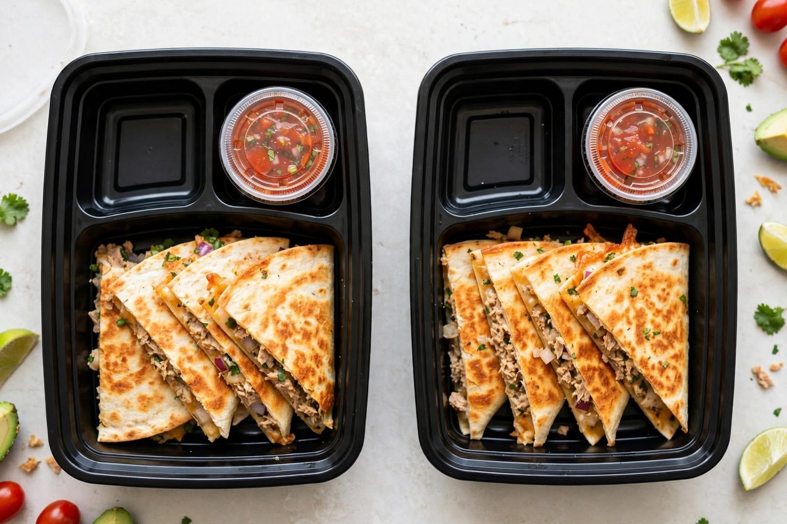 Lunchbox containers with tuna melt quesadilla wedges