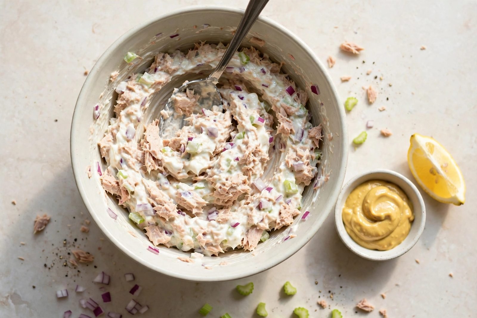 Tuna filling being mixed with Greek yogurt and seasonings