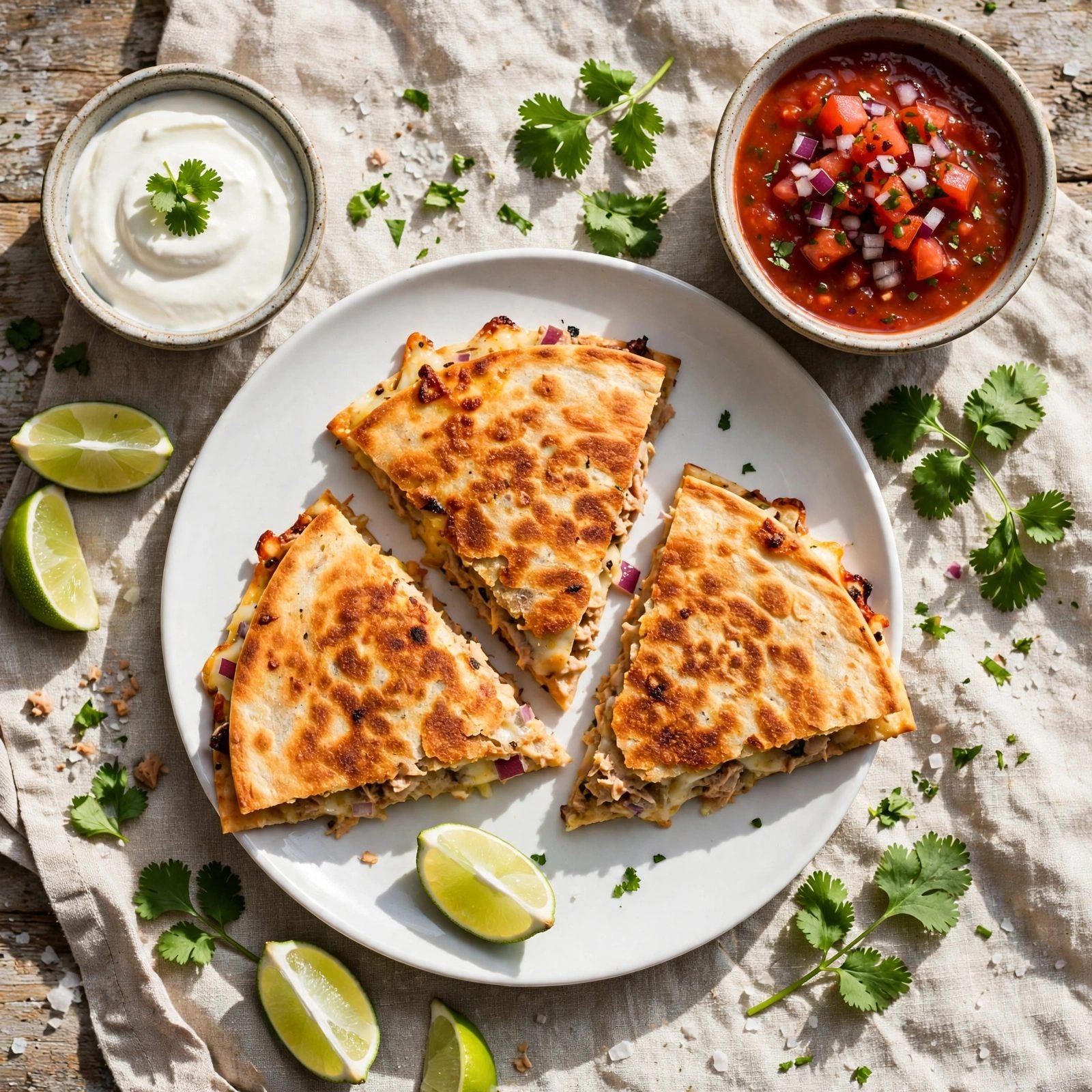 Served plate of tuna melt quesadilla wedges with salsa and sour cream for dipping